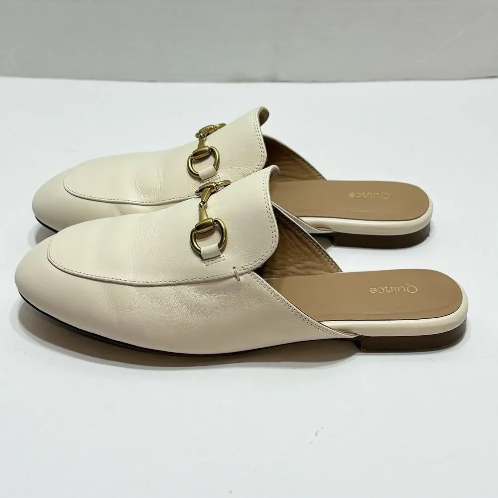 Quince Women Italian Leather Horsebit Loafer Mule Bone Shoes 8.5